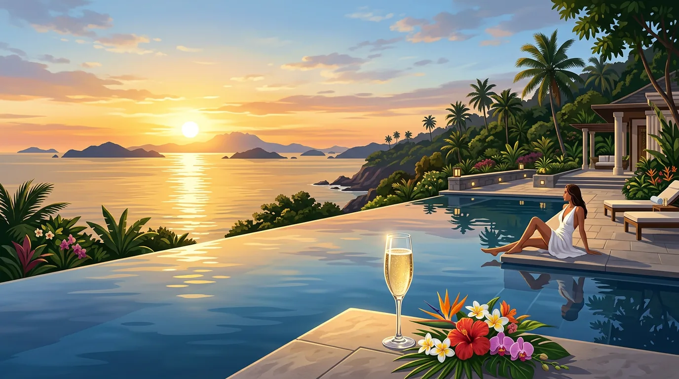 Infinity pool overlooking South China Sea at sunset