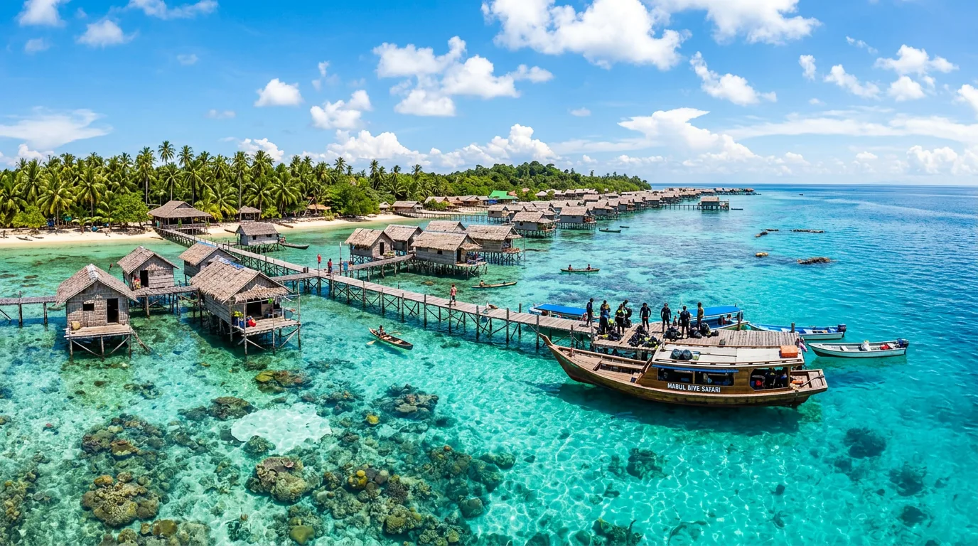 Crystal clear turquoise waters and stilt houses at Mabul Island