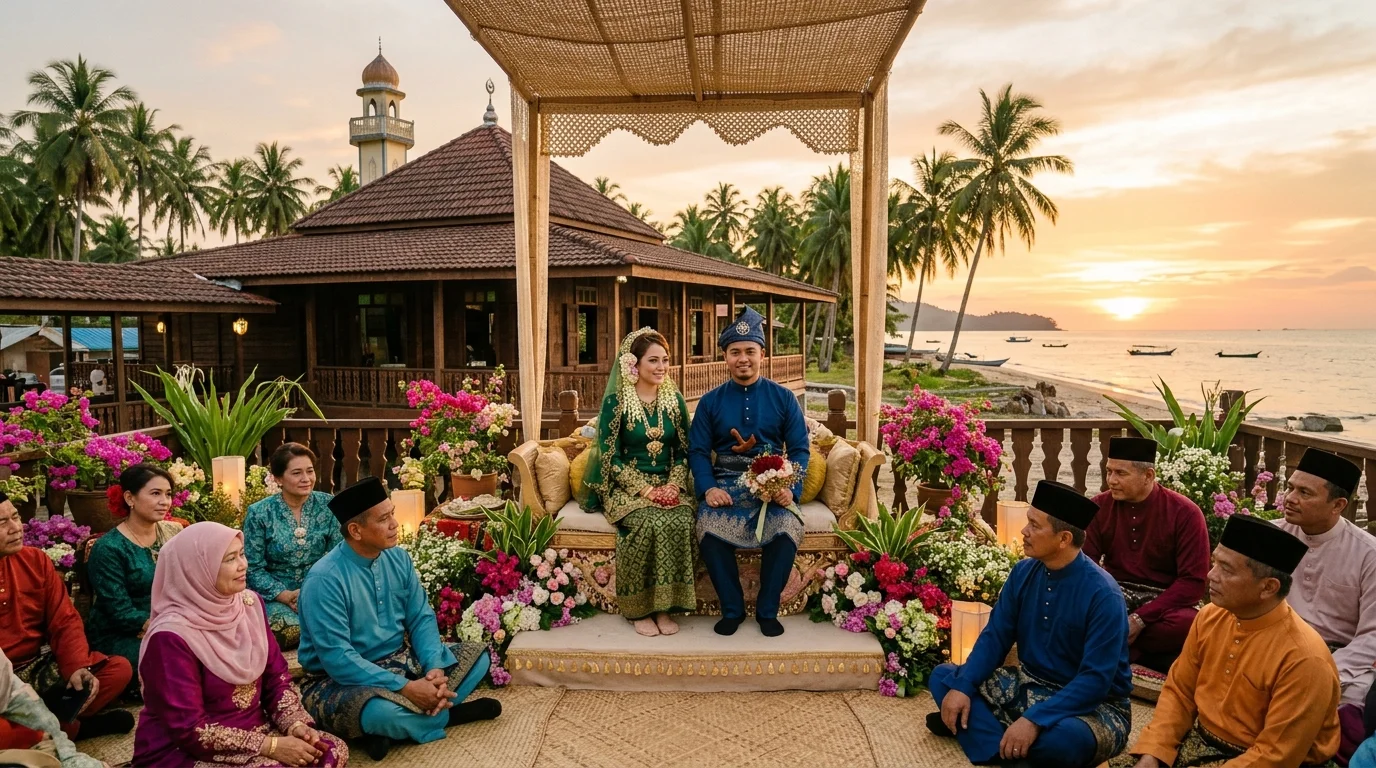 Brunei Malay couple in traditional bersanding wedding attire with gold-thread songket and elaborate headdress at a coastal Sabah ceremony