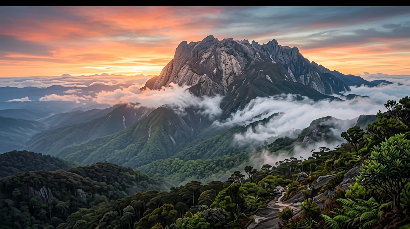 Mount Kinabalu summit at sunrise with Low’s Peak rising above clouds