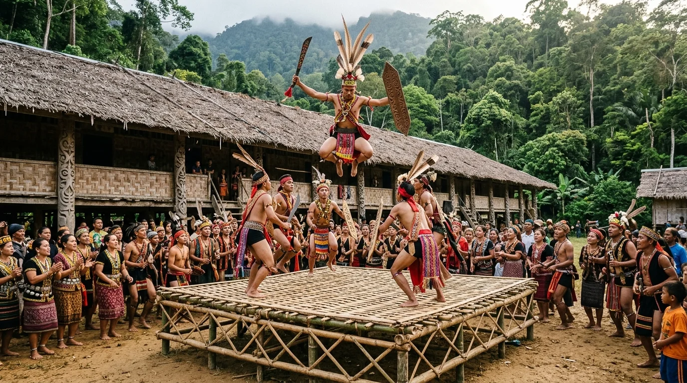Murut performers launching high into the air on the Lansaran trampoline platform at a cultural festival in Tenom, Sabah