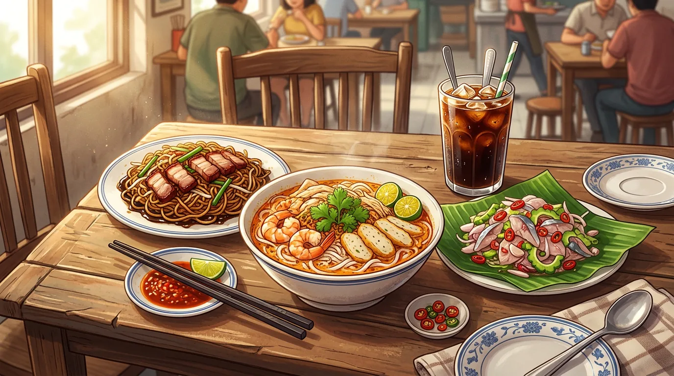 Colorful spread of Kota Kinabalu street food and local dishes