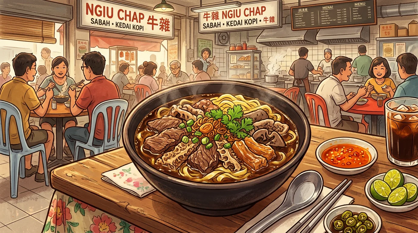 Ngiu Chap beef noodle soup in ceramic bowl