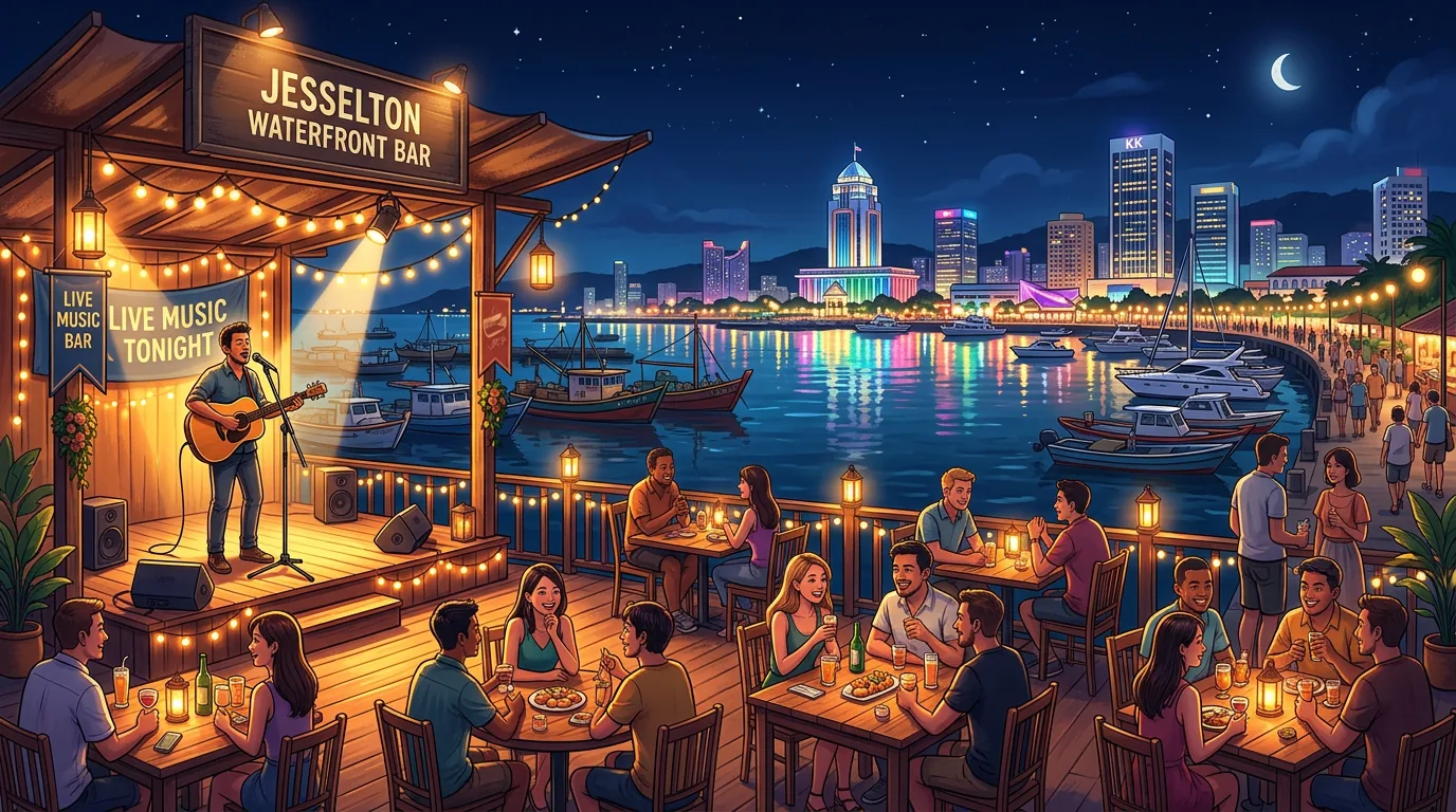 Waterfront bar scene in Kota Kinabalu at night