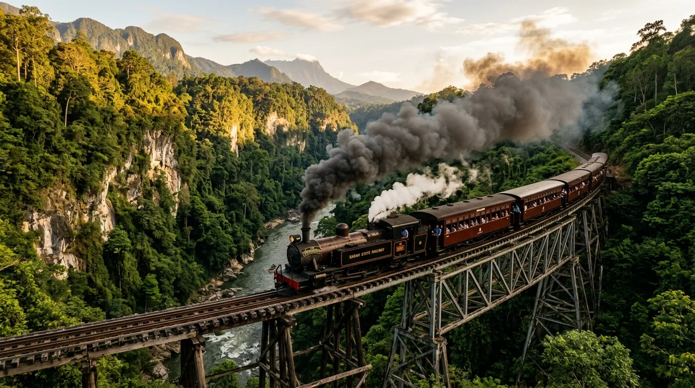 North Borneo Railway heritage steam train through the Padas Gorge