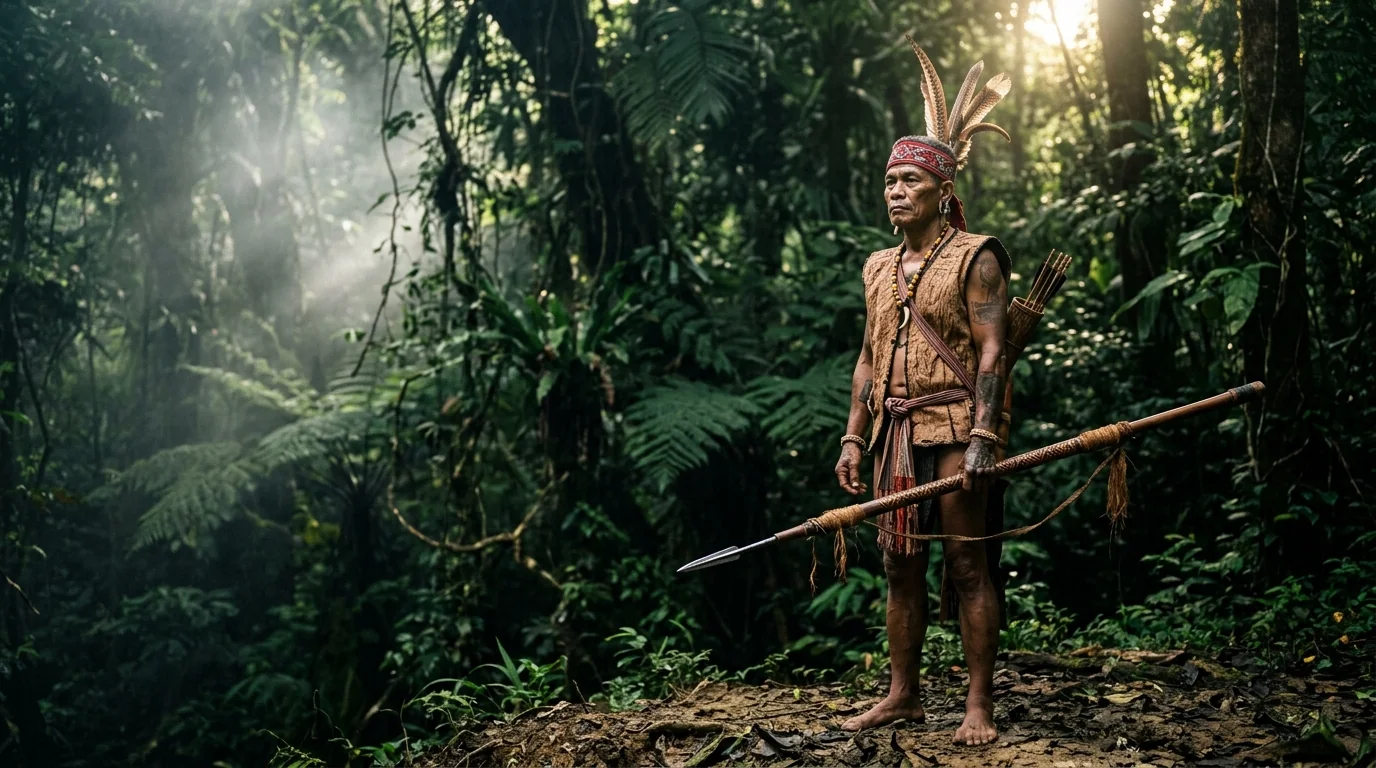 Murut warrior with blowpipe in highland jungle — Ontoros Antanom leader of the Rundum Rebellion