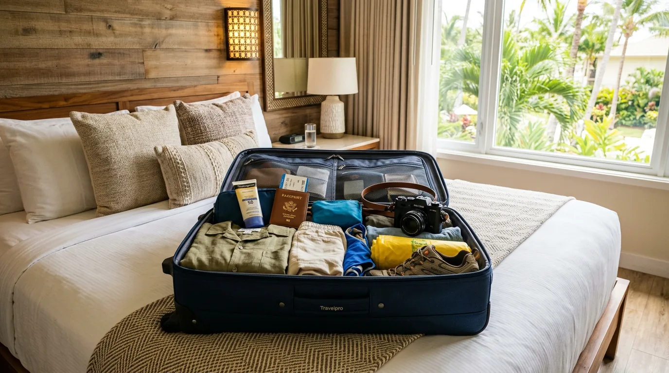Open suitcase packed with tropical travel essentials