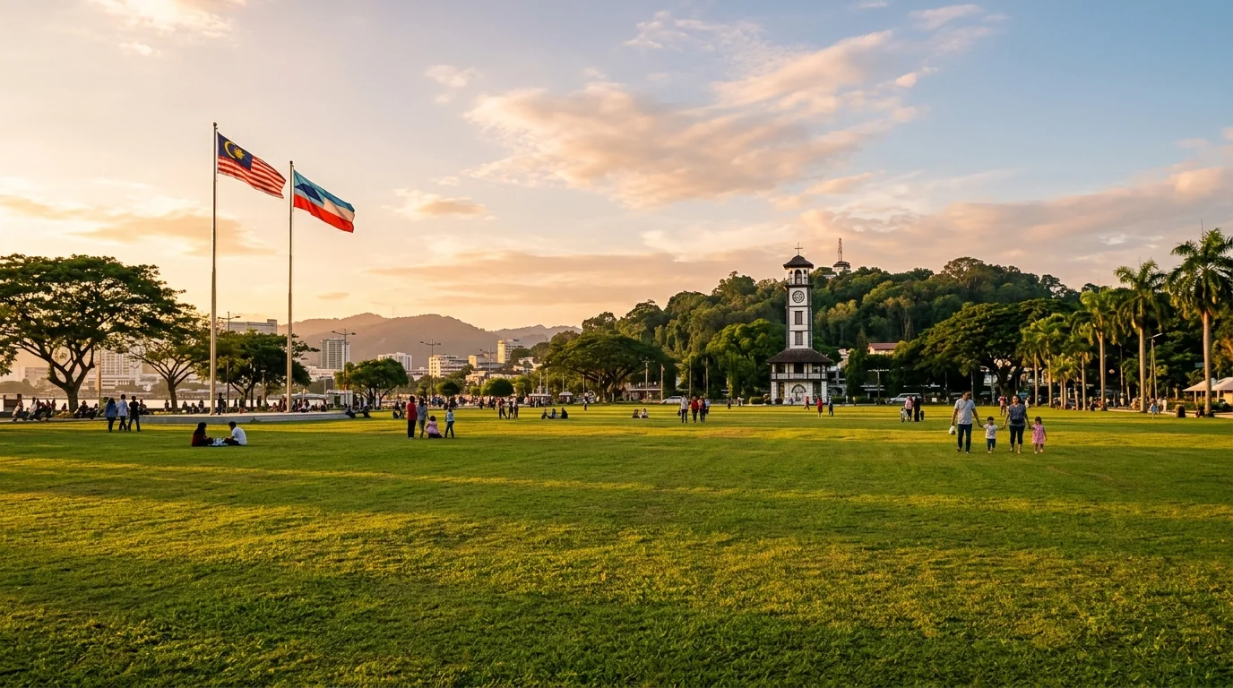 Padang Merdeka open field at golden hour in central Kota Kinabalu