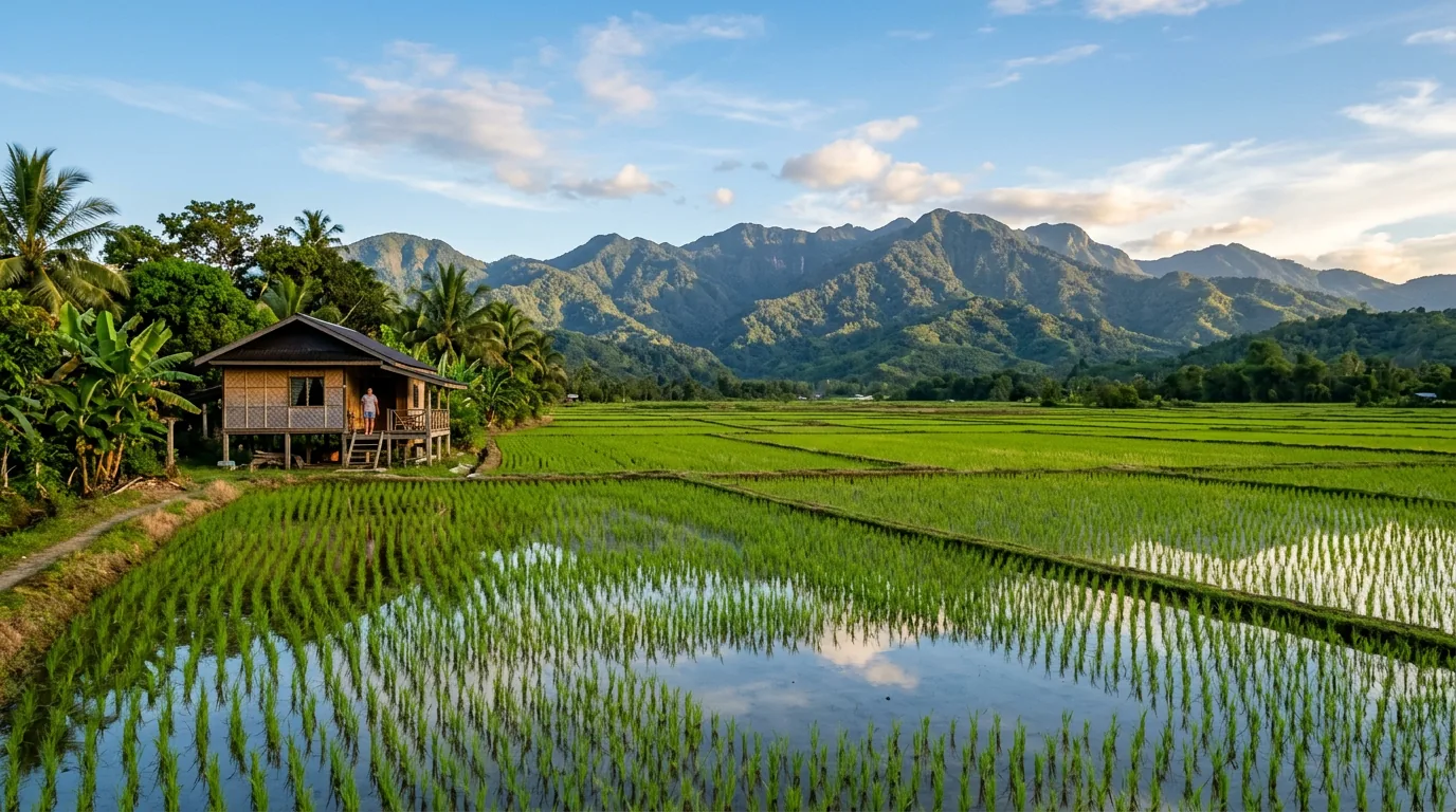 Green rice paddies in Penampang with Crocker Range mountains