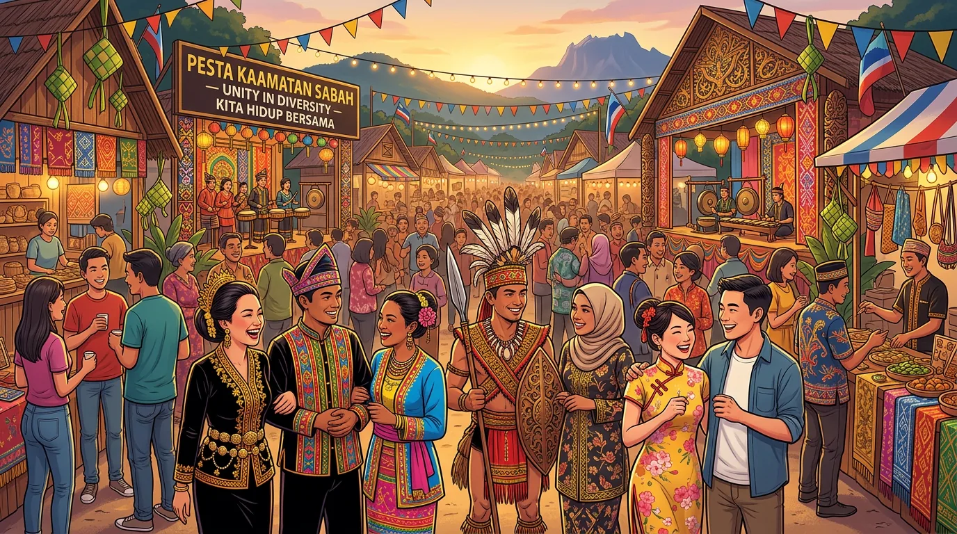 Diverse crowd of Sabahans at a cultural celebration in Kota Kinabalu