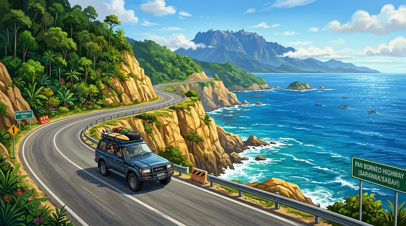 Coastal highway winding along Sabah cliffs