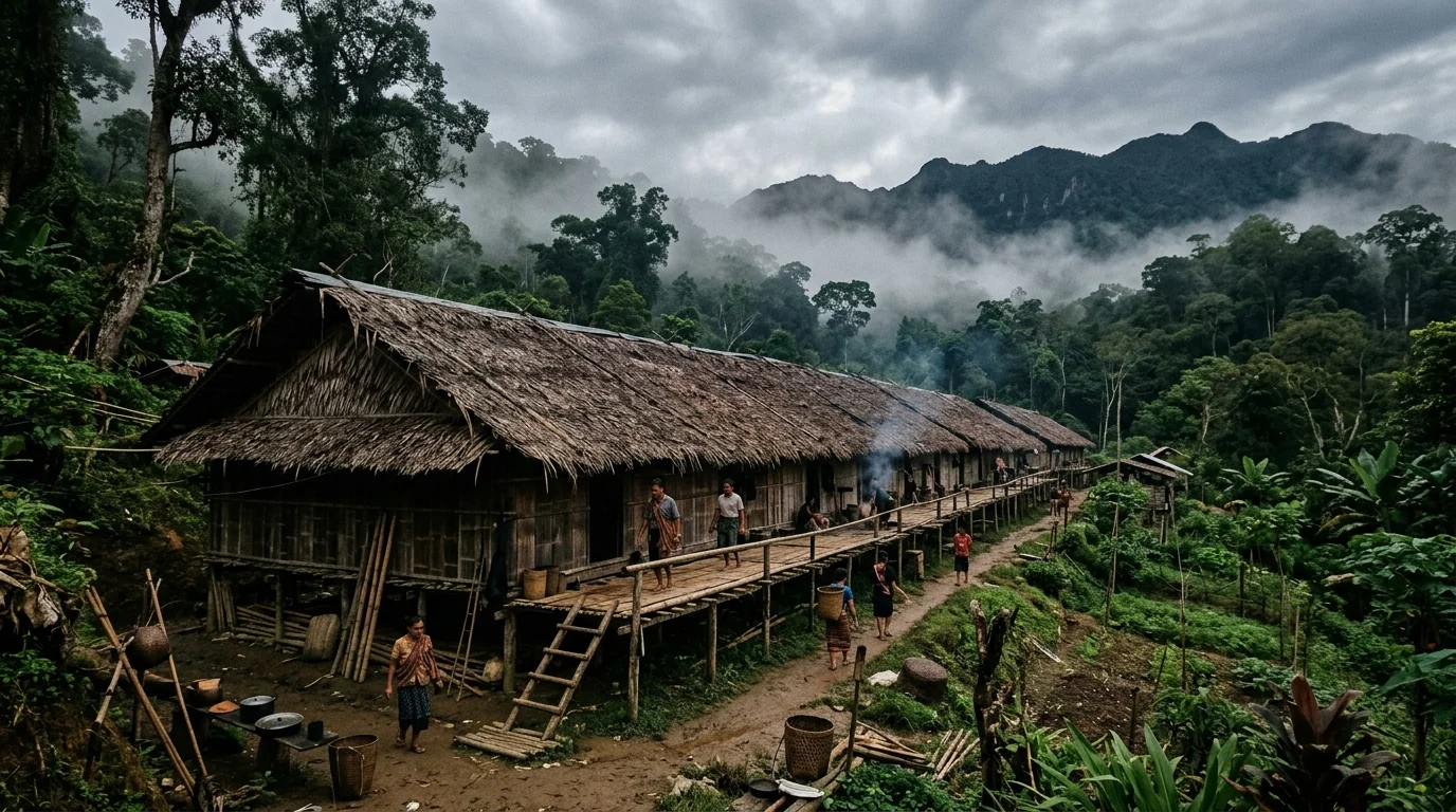 Murut longhouse in highland Sabah jungle — setting of the Rundum Rebellion 1915