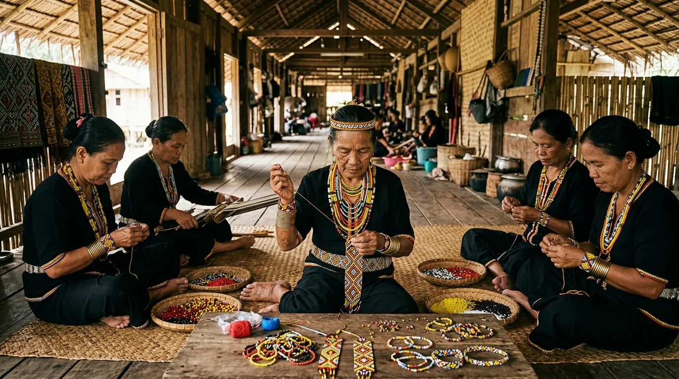 Rungus women in traditional beaded attire with intricate pinakol beadwork vest performing the Mongigol Sumundai dance at a longhouse in Kudat, Sabah