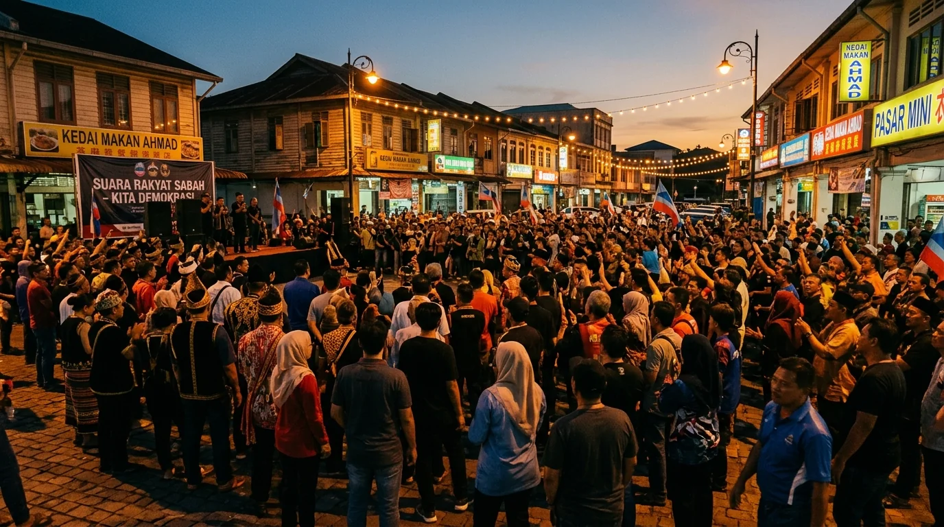 Community gathering in a Malaysian town square — the historic 1985 Sabah state election