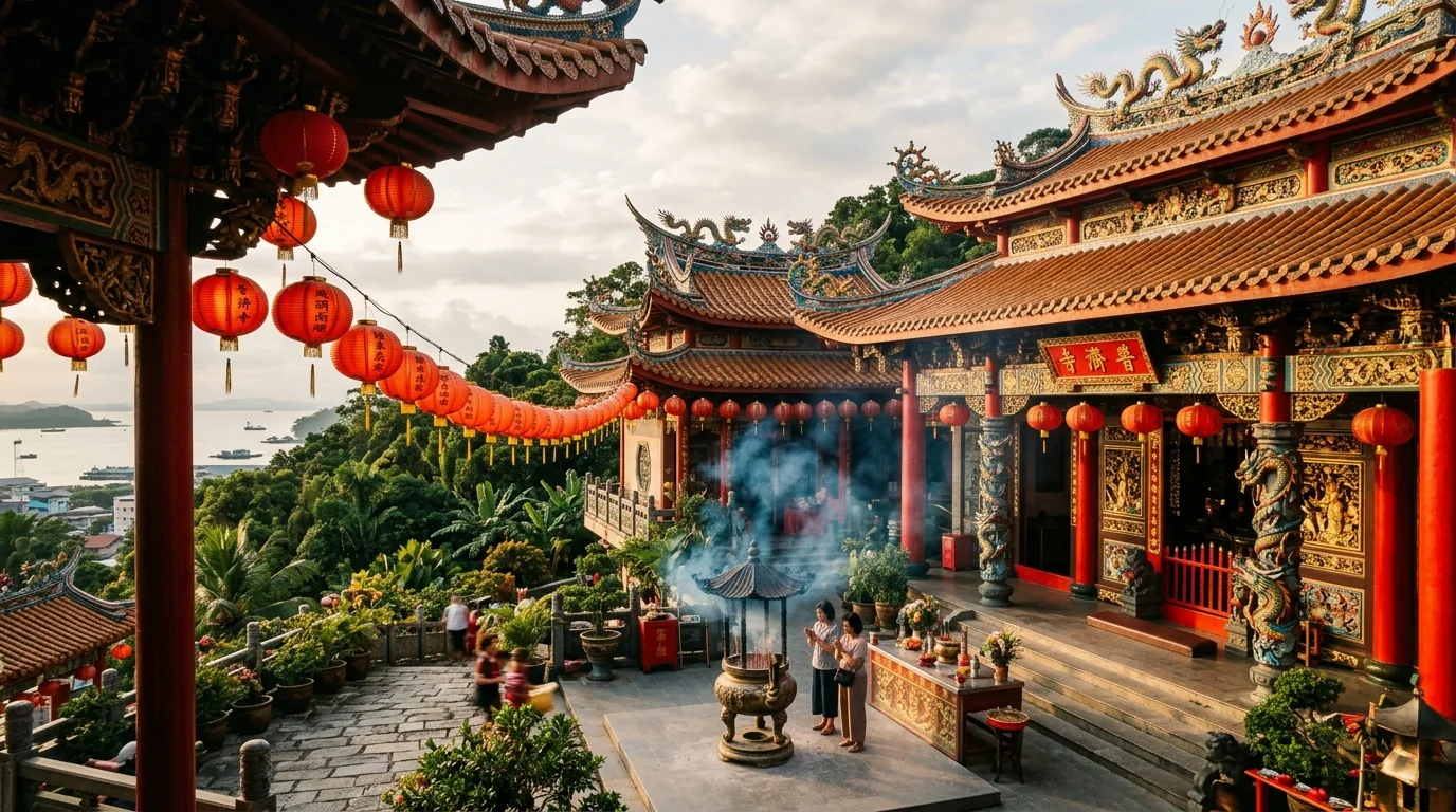 Sam Sim Kung Temple red lanterns and ornate roof in Sandakan