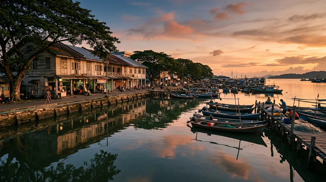 Sandakan colonial waterfront at dawn — capital of British North Borneo