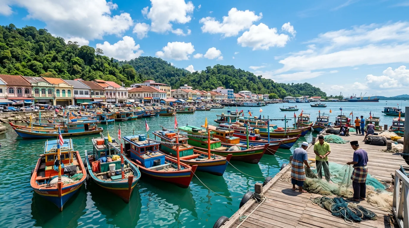 Sandakan harbour with colorful fishing boats
