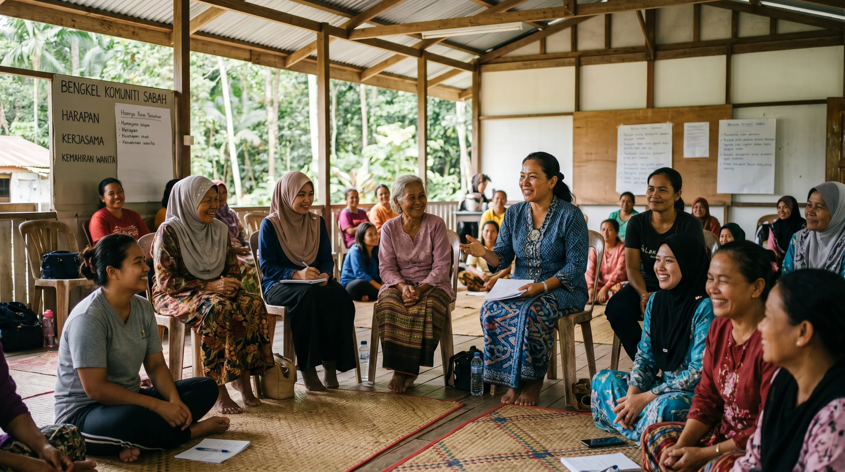 A group of Malaysian women at a community support meeting in a Sabah hall
