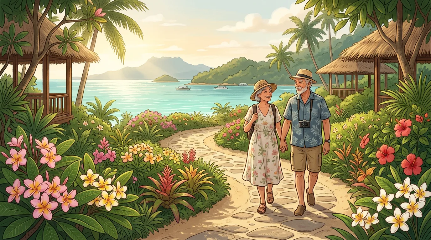 Senior couple walking tropical garden path