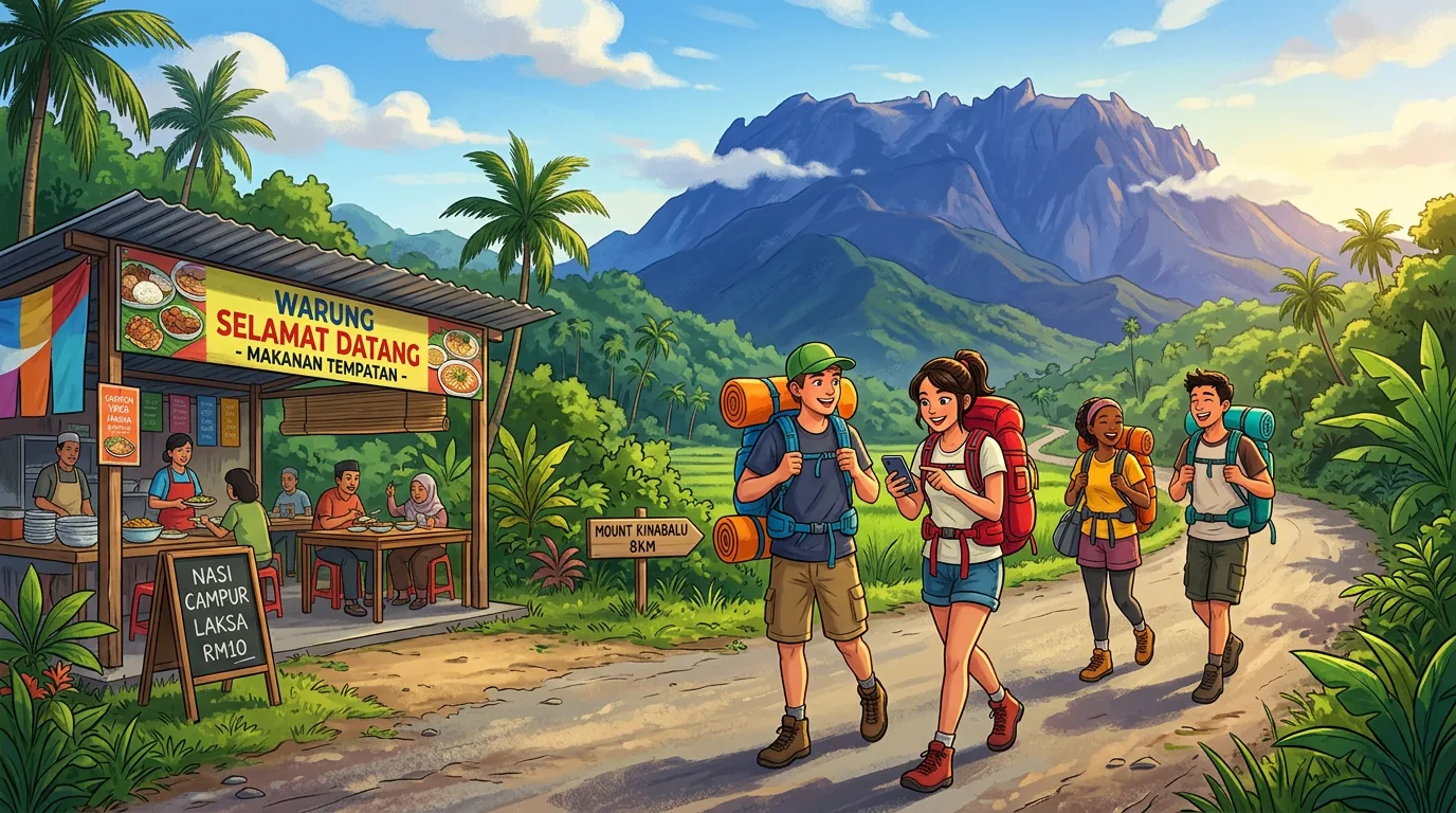 Backpackers on rural road toward mountains