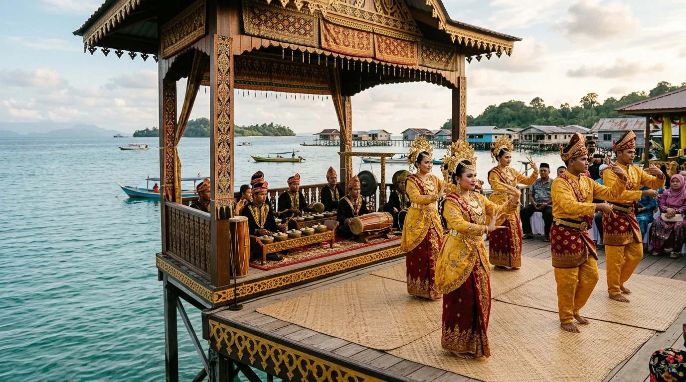Tausug cultural performance with traditional brass kulintangan gong ensemble and performers in bright colourful malong attire in Semporna, Sabah