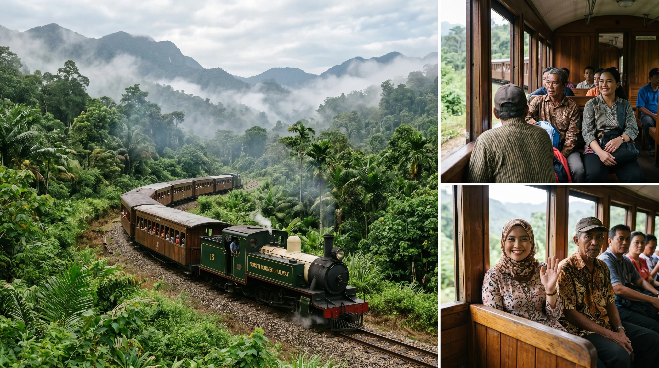 A railway line curving through forested, hilly terrain in Borneo, illustrating the kind of landscape a trans-Borneo rail link would cross.