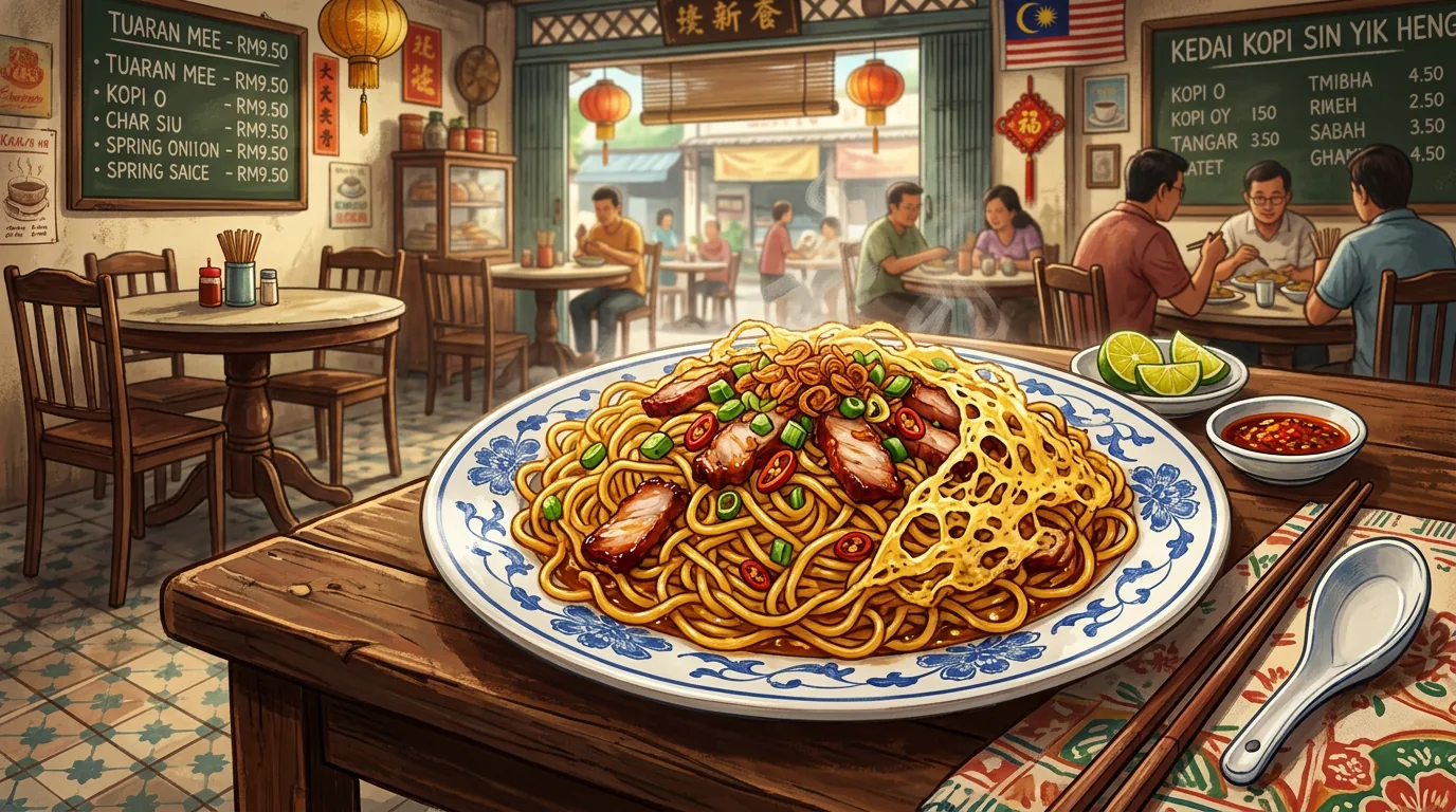 Tuaran Mee handmade egg noodles on traditional plate