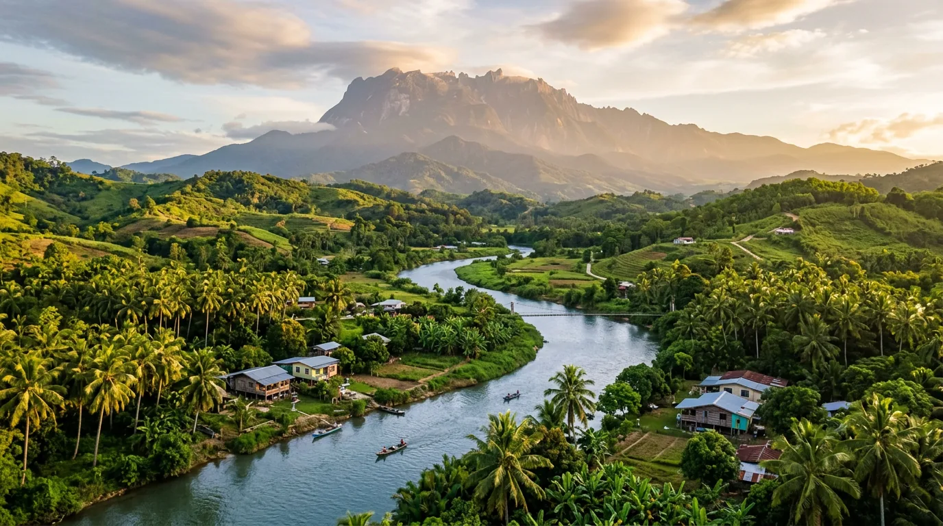 Tuaran countryside river with Mount Kinabalu in background