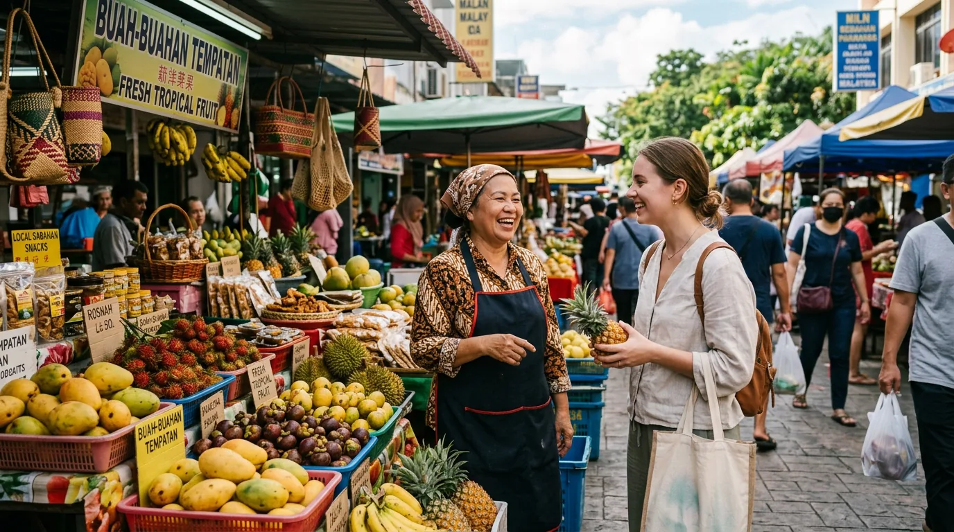 Friendly local vendor chatting with tourist at Sabah market