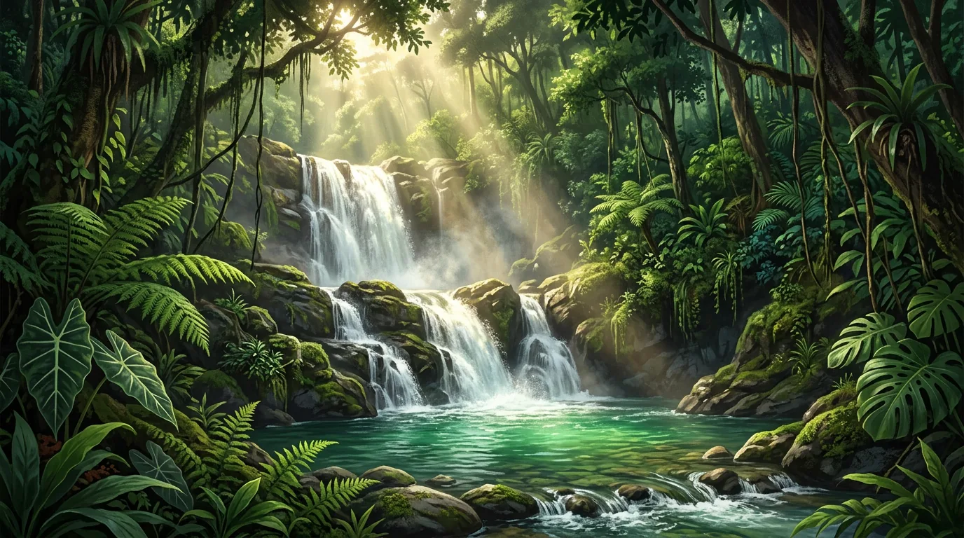 Tropical waterfall in Sabah rainforest
