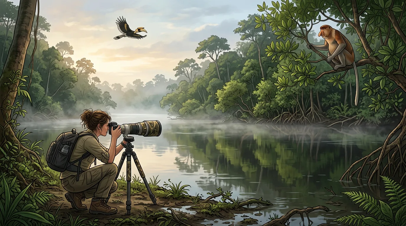 Wildlife photographer on Kinabatangan riverbank