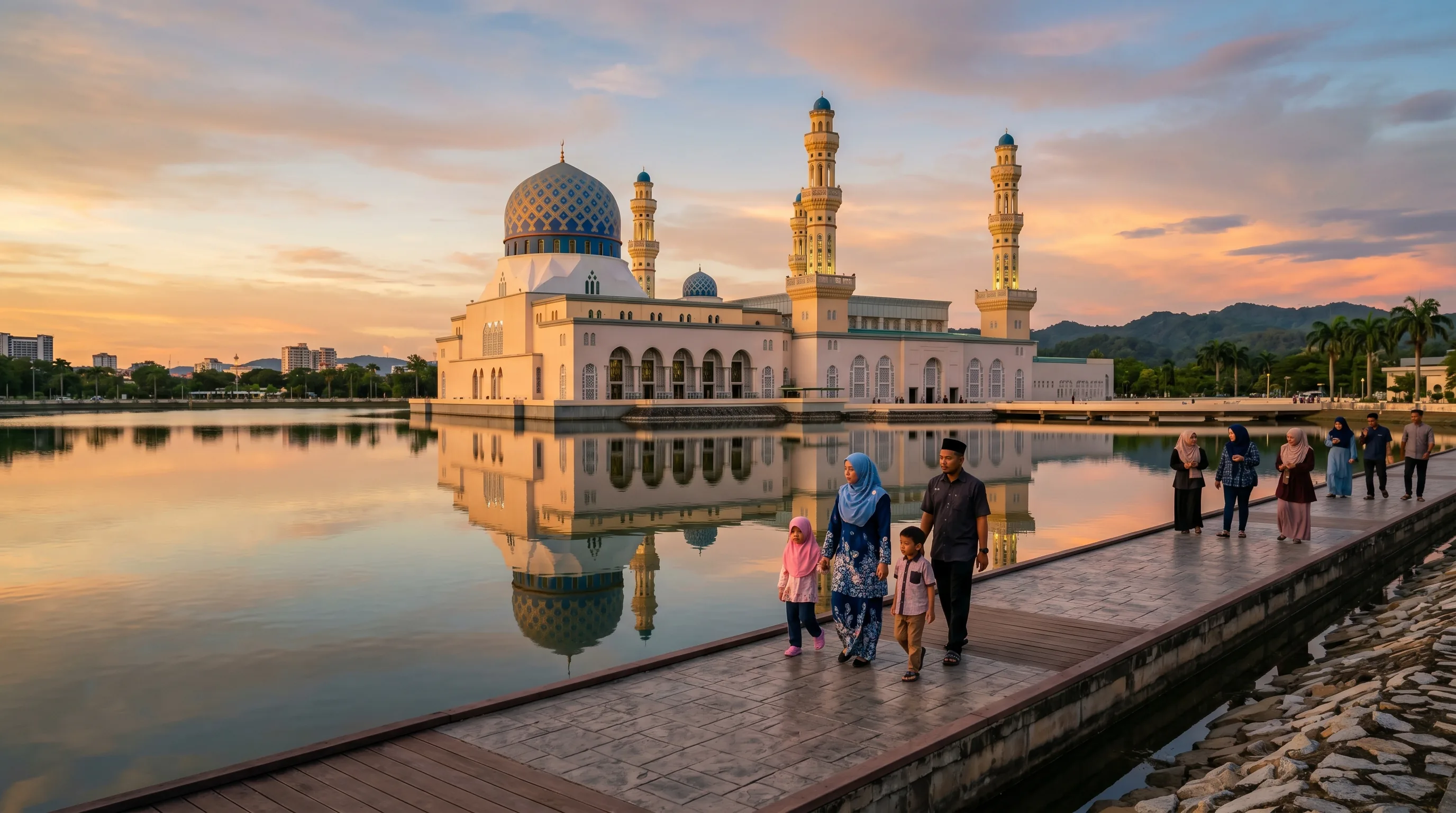 The blue-and-gold Kota Kinabalu City Mosque reflected in its lagoon at golden hour, Sabah, Malaysian Borneo