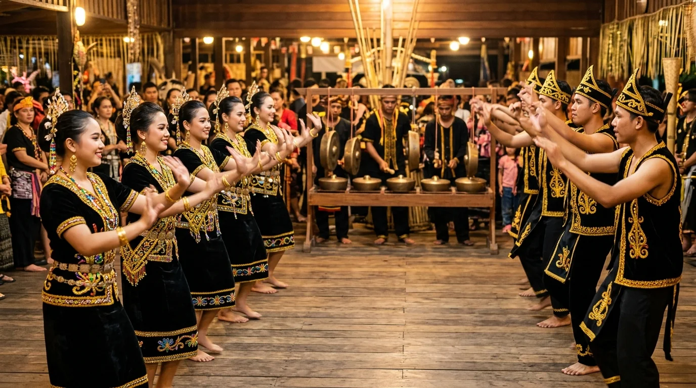 Performers dancing Sumazau at Kaamatan festival with traditional drums and cheering spectators