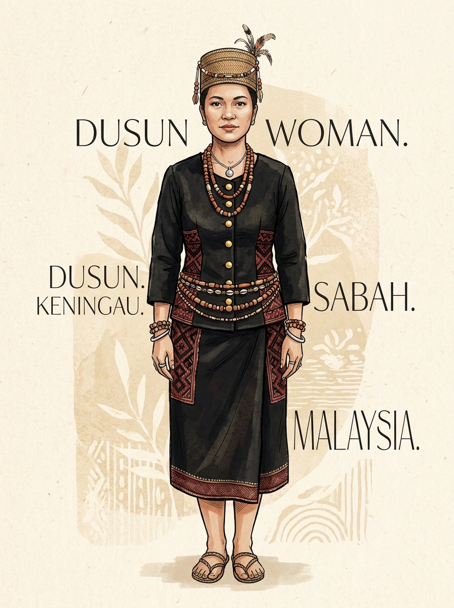Keningau interior Dusun costume — earth tones and woven fabric panels
