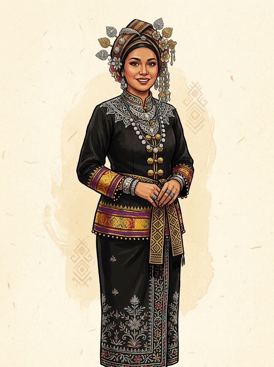 Kota Belud Bajau Dusun costume — silver filigree neckline detail