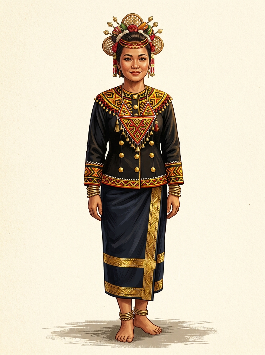 Kota Marudu northern Kadazan costume — warm gold and red palette