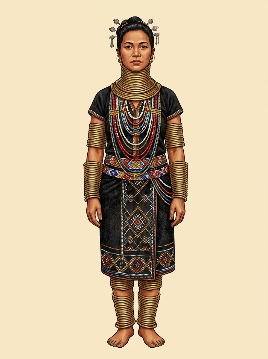 Kudat Rungus costume — extensive brass coil rings and bead necklaces
