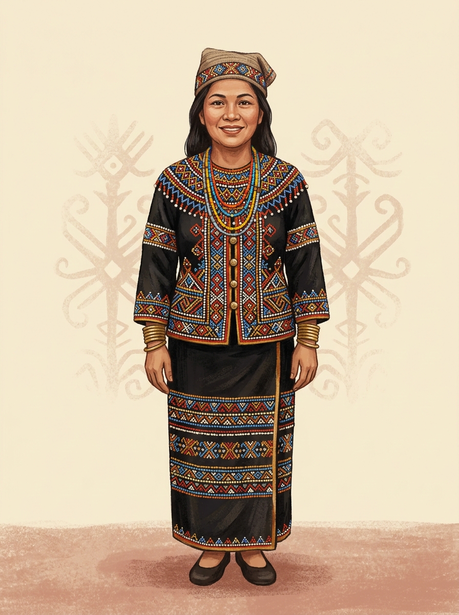 Tenom Murut-influenced costume — dense multi-colored geometric beadwork
