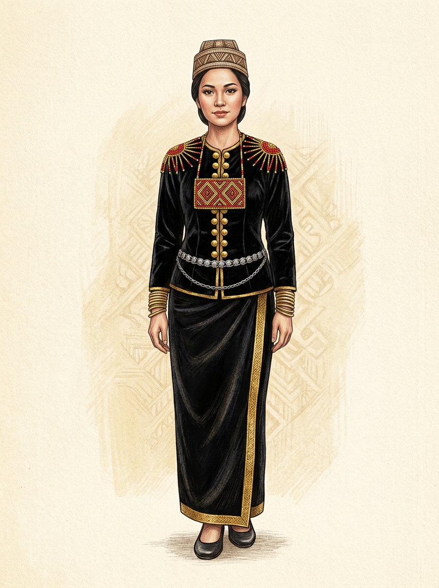 Tuaran Kadazan costume — red and gold sunburst beadwork on shoulders