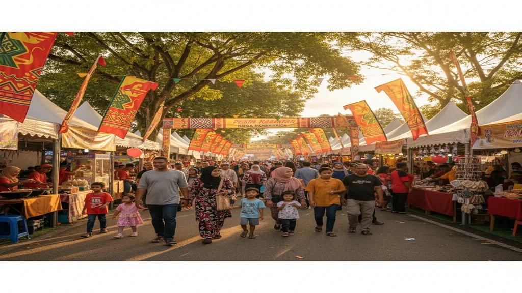 Panoramic view of KDCA festival grounds during Kaamatan showing food pavilions, main stage, traditional houses, and festival crowds