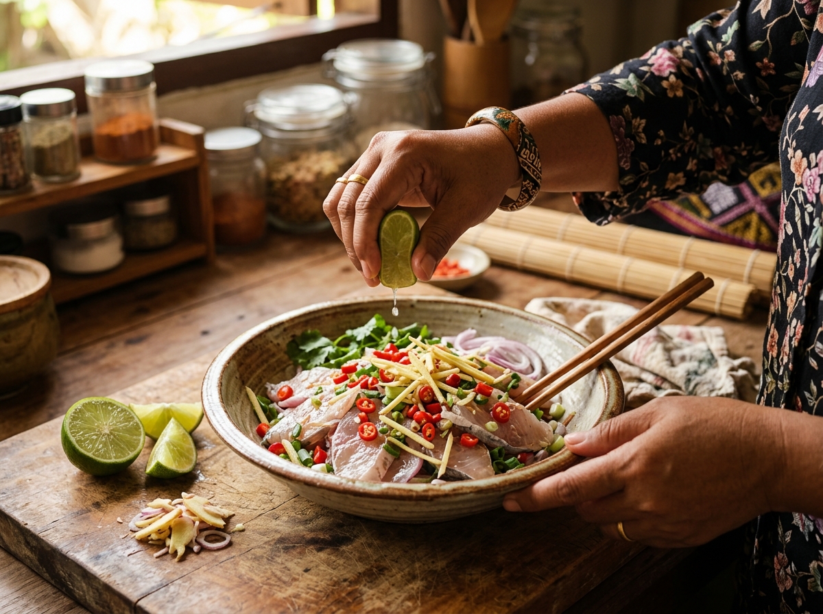 Hands preparing hinava with fresh lime juice and chili in a traditional kitchen