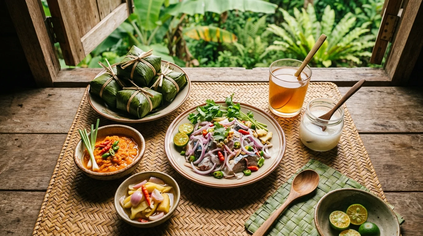 Traditional Kadazan Dusun food spread: hinava, linopot, bambangan, tapai, and fresh local ingredients
