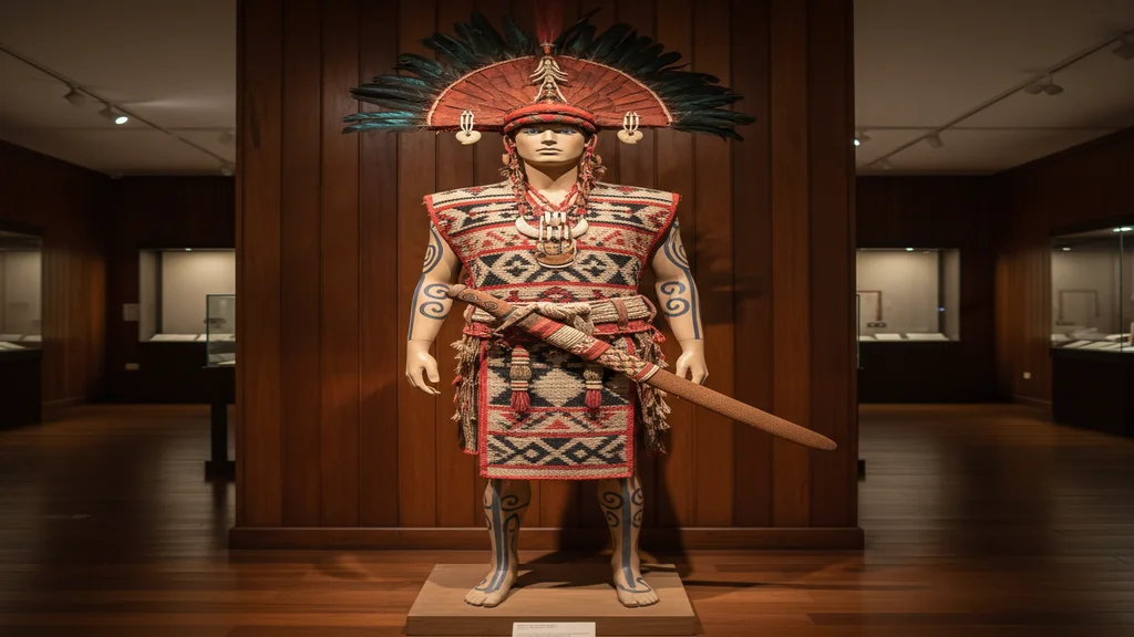 Man wearing traditional Gaung vest with beadwork, black pants, headgear, and brass accessories