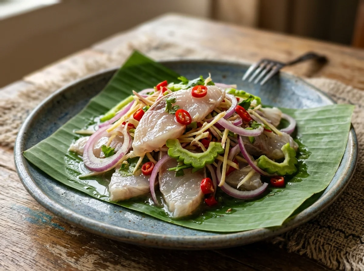 Close-up of hinava showing raw mackerel cured in lime juice with bird's eye chili and fresh ginger