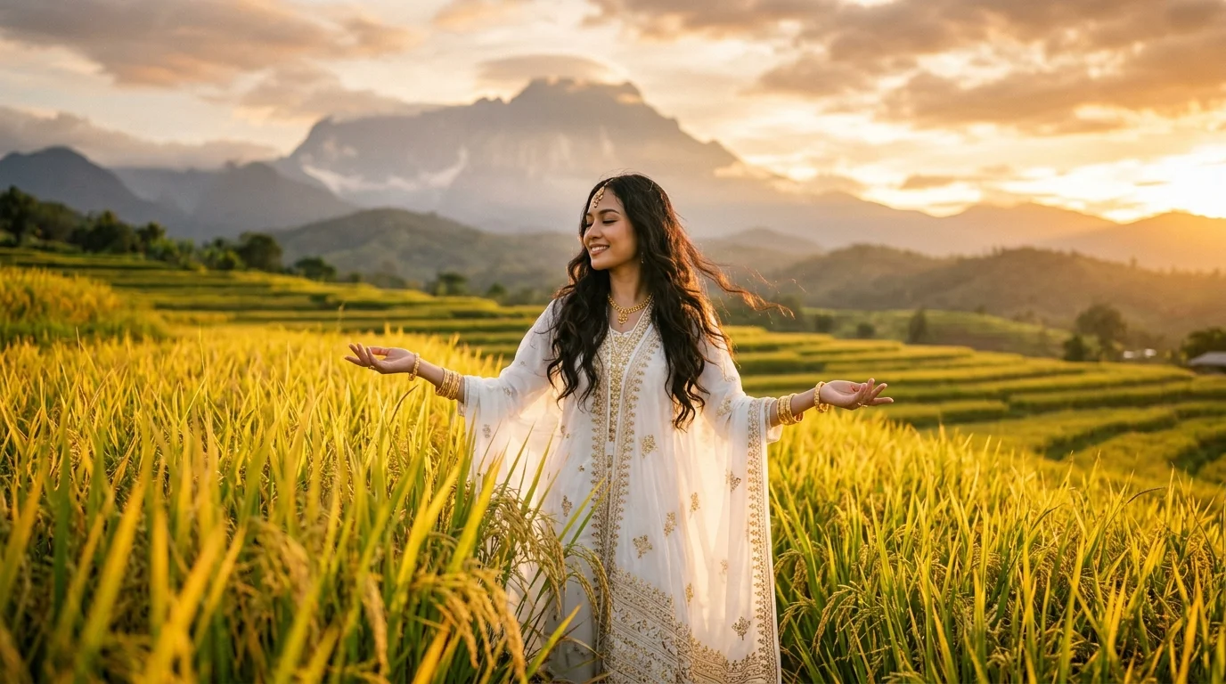 Mystical scene of a Kadazan maiden amidst golden rice fields at sunset, embodying the spirit of Huminodun