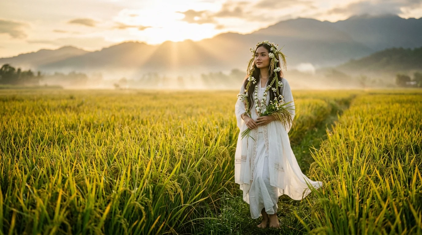 Illustration of Huminodun as a graceful maiden in traditional Kadazan attire surrounded by rice stalks and sacred plants