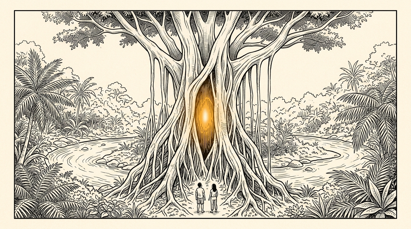 Line art comic panel showing the ancient Nunuk Ragang sacred banyan tree with two figures standing in awe at its base