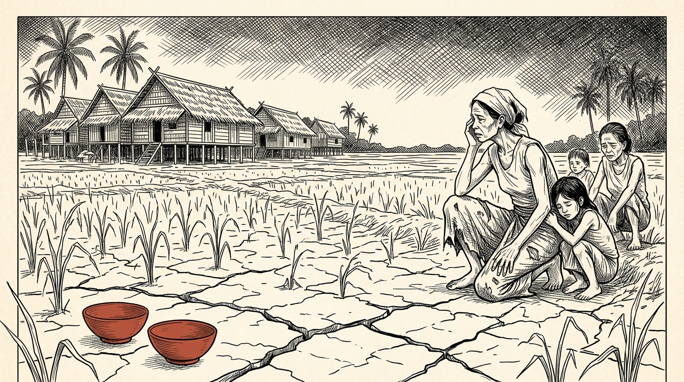 Comic panel: the famine — barren rice fields, thin villagers, empty bowls