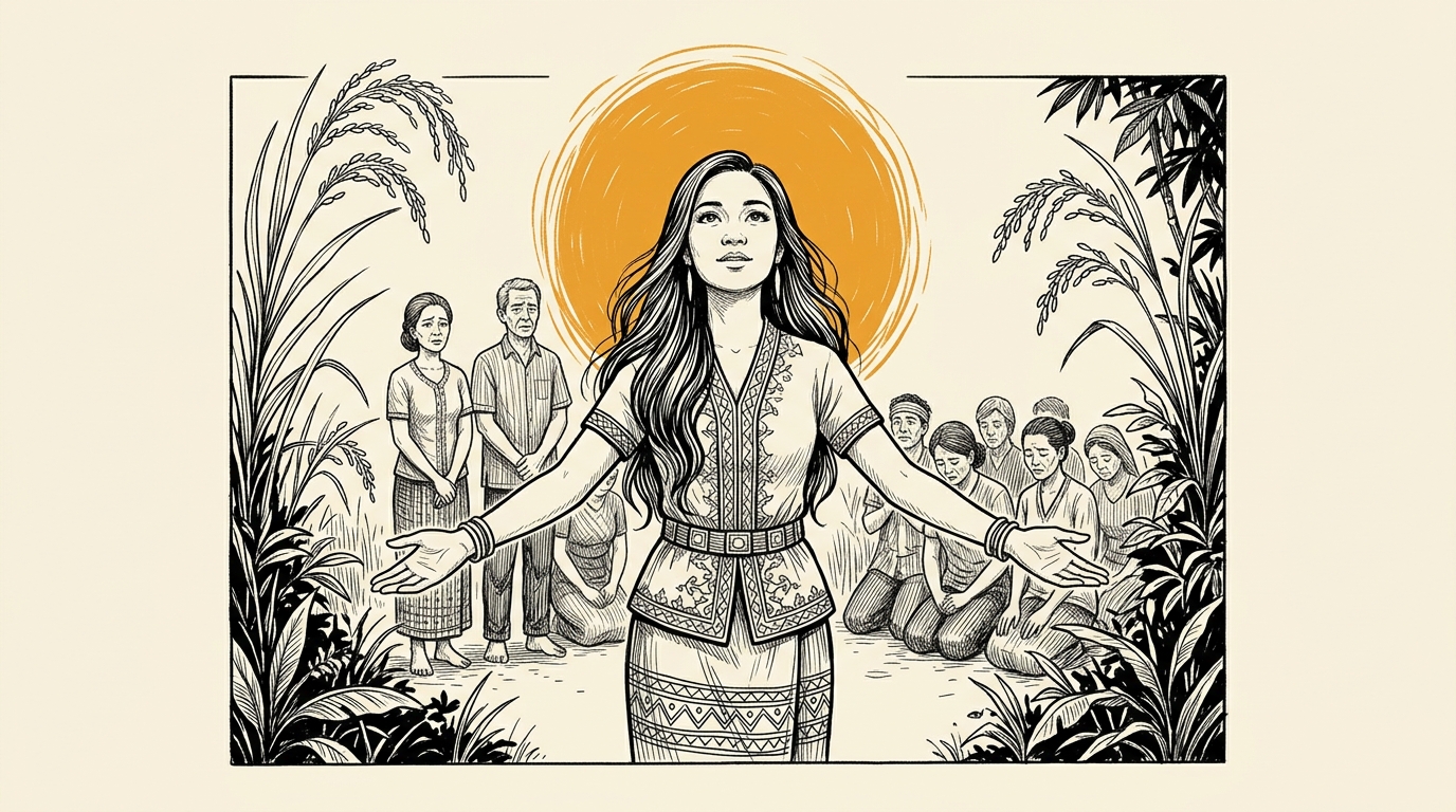 Comic panel: Huminodun standing with arms outstretched in sacrifice, bathed in golden light
