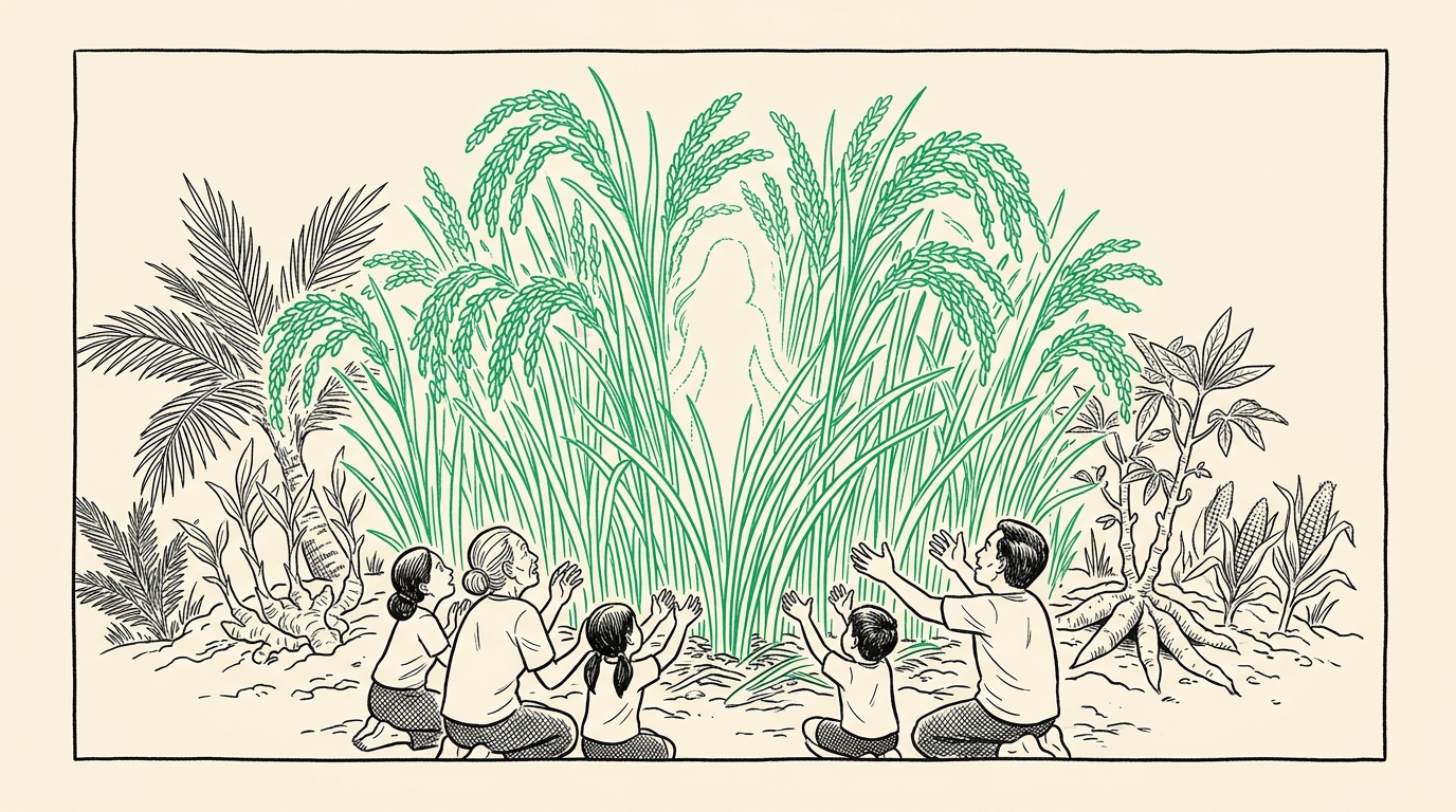 Comic panel: rice growing abundantly where Huminodun lay, her silhouette visible in the stalks